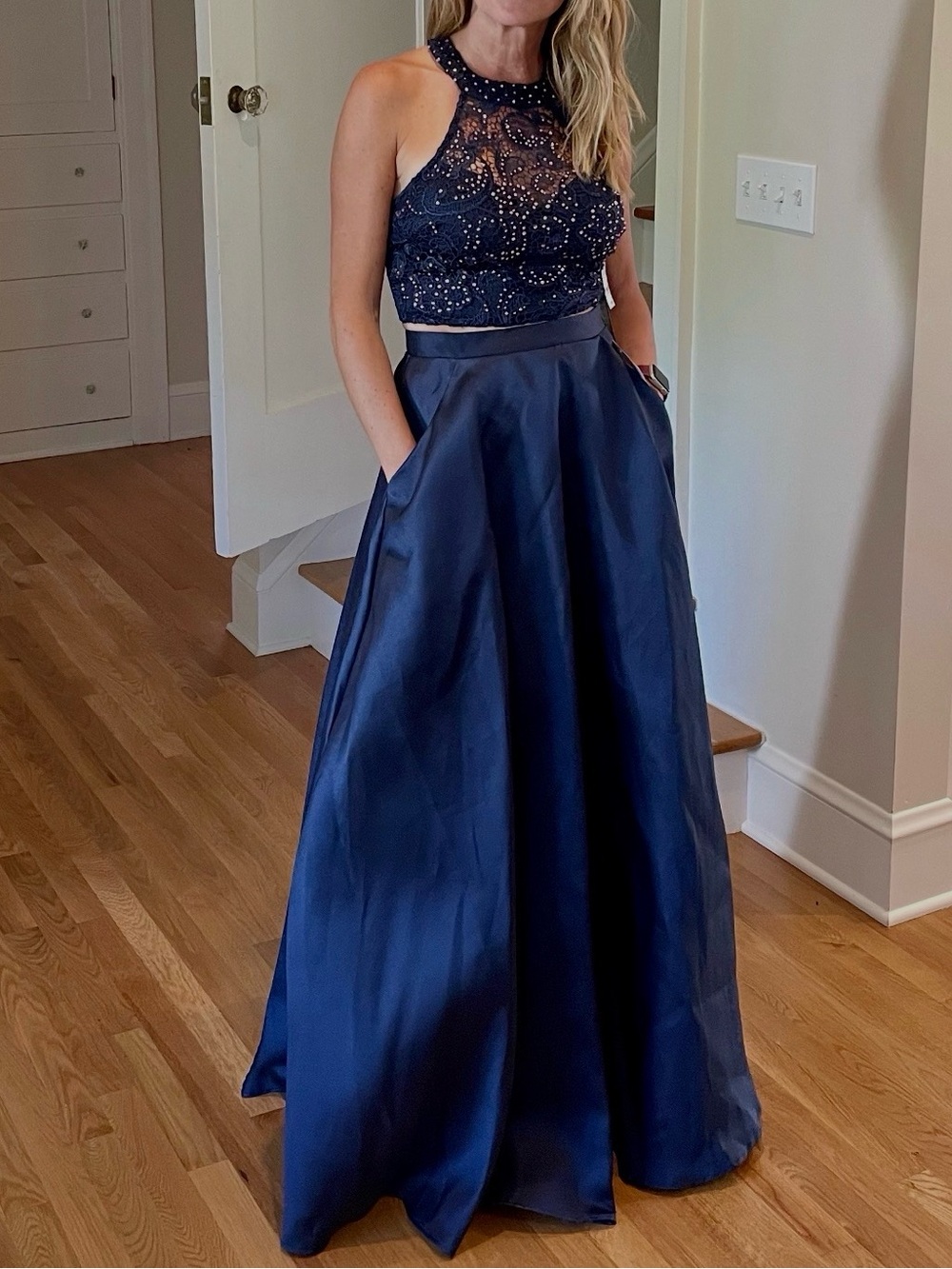 Two Piece Navy Beaded Halter and Full Skirt